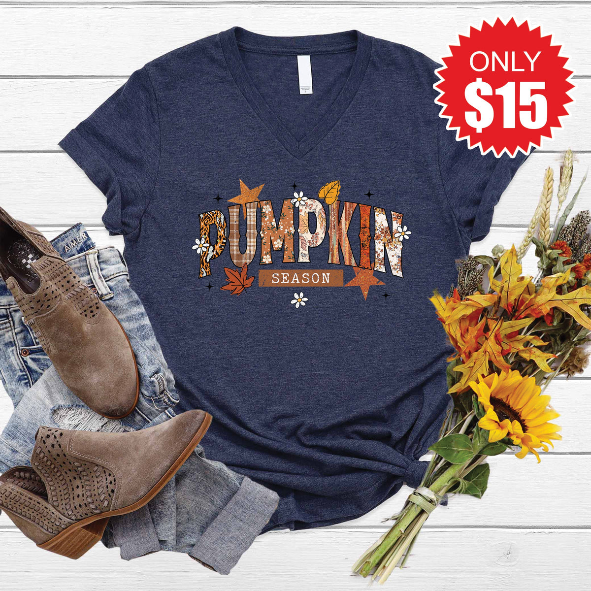 Pumpkin Season V-Neck - Heather Navy - 15