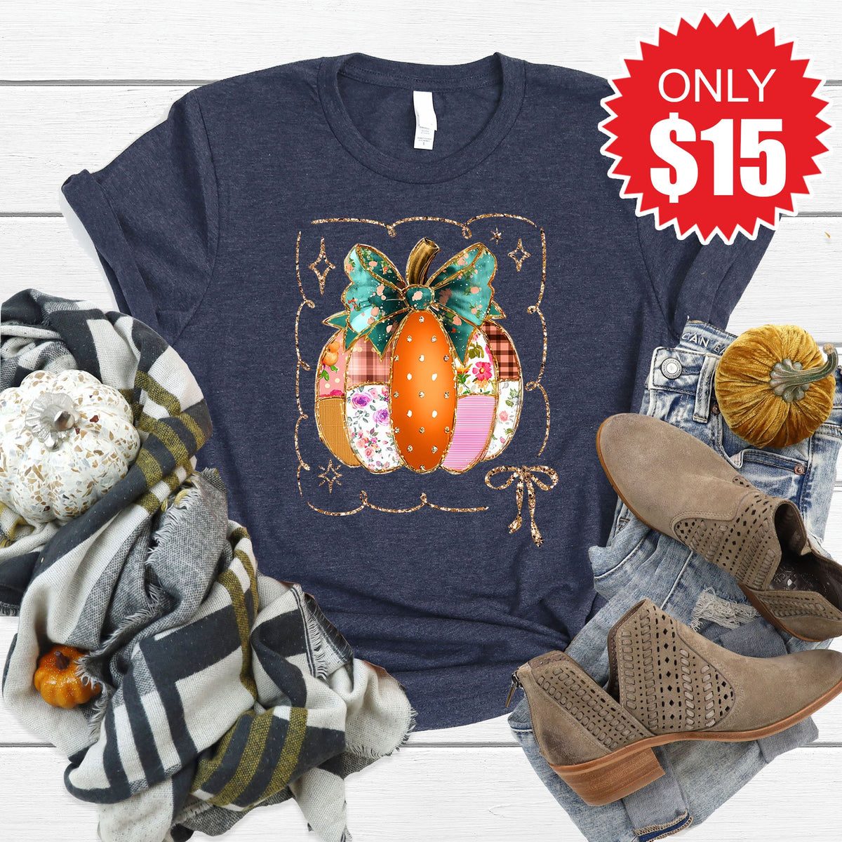 Patchwork Pumpkin Tee - Heather Navy - 15 product image 1