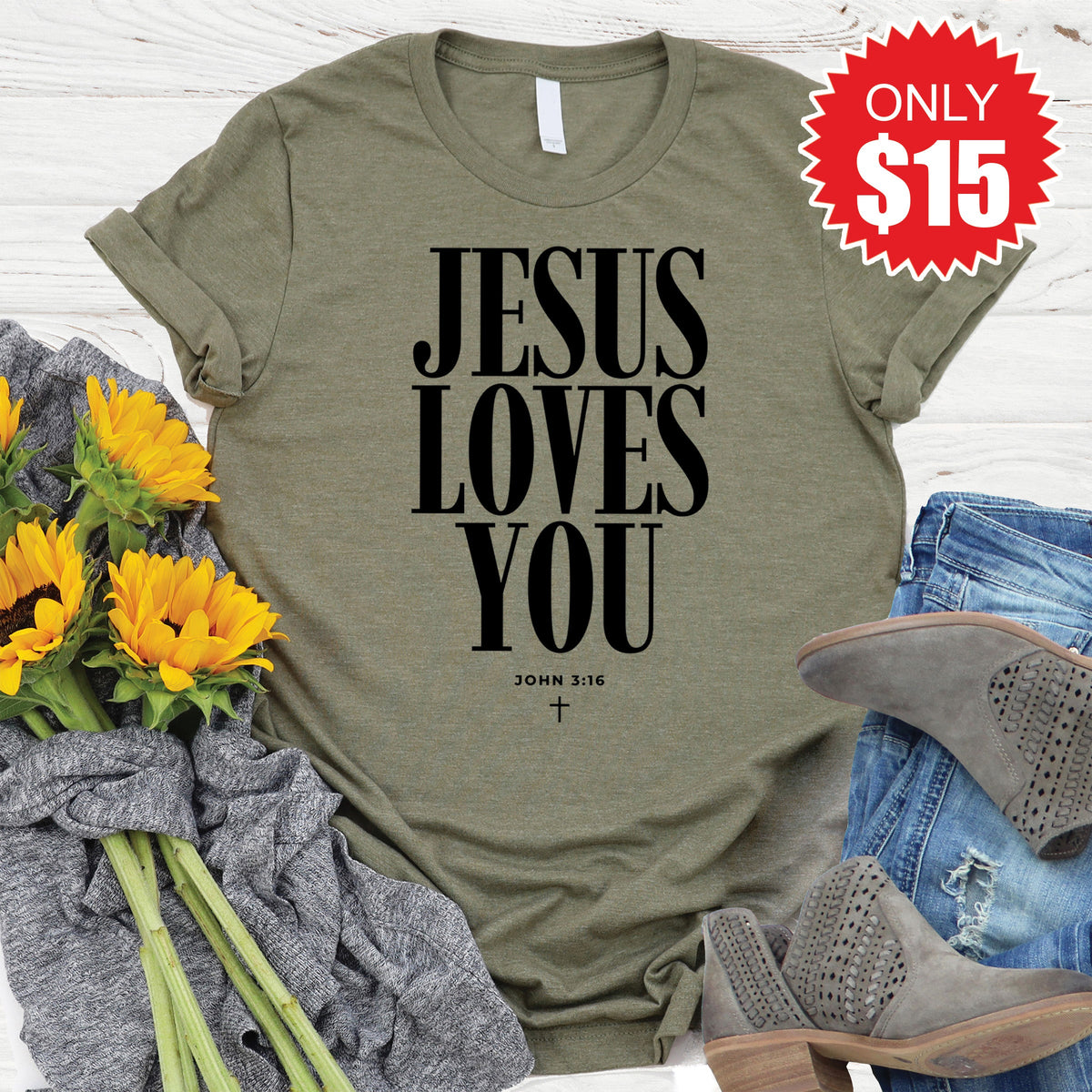Jesus Loves You Tee - Heather Olive - 15 product image 1