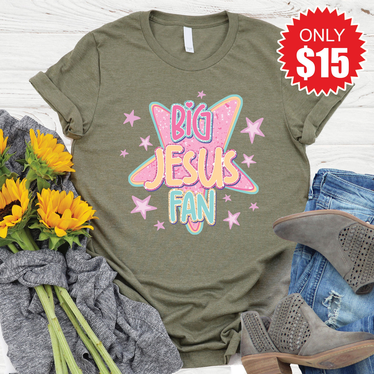 Big Jesus Fan Tee - Heather Olive - 15 product image 1