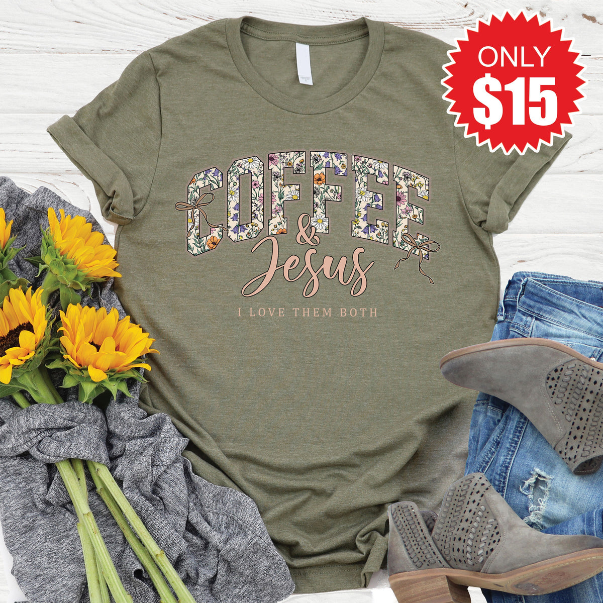 Coffee and Jesus Tee - Heather Olive - 15 product image 1
