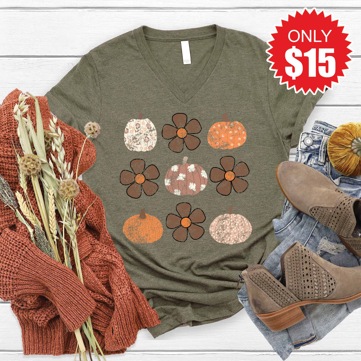 Fall V-Neck - Heather Olive - 15