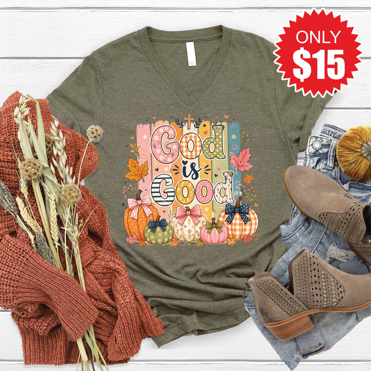 God Is Good V-Neck - Heather Olive - 15