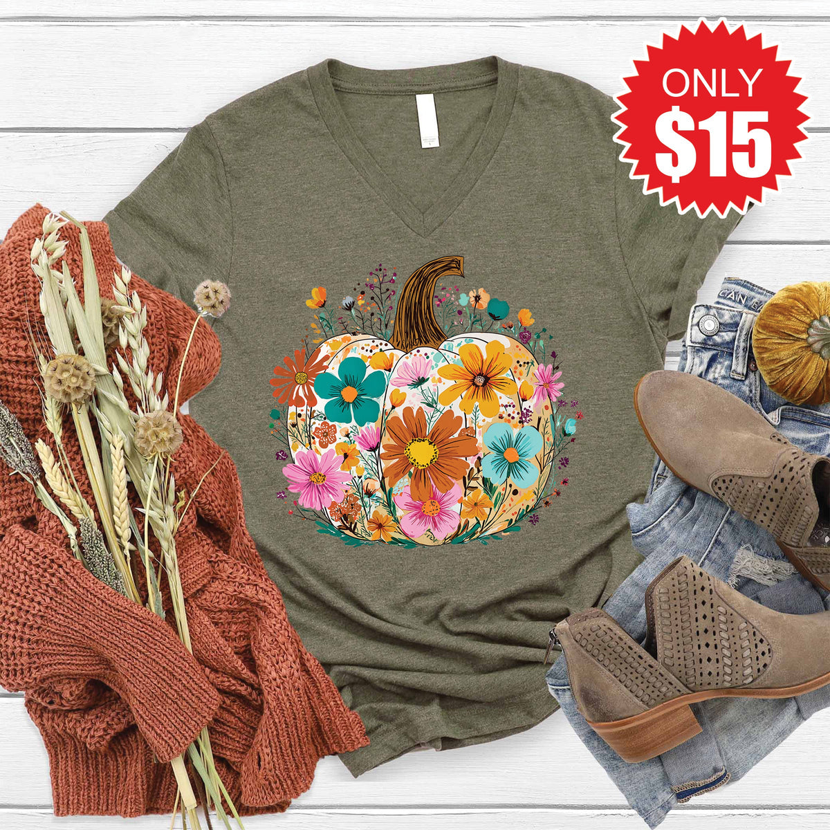 Pumpkin Boho Floral V-Neck - Heather Olive - 15