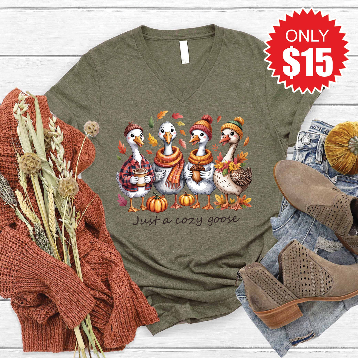 Cozy Goose V-Neck - Heather Olive - 15