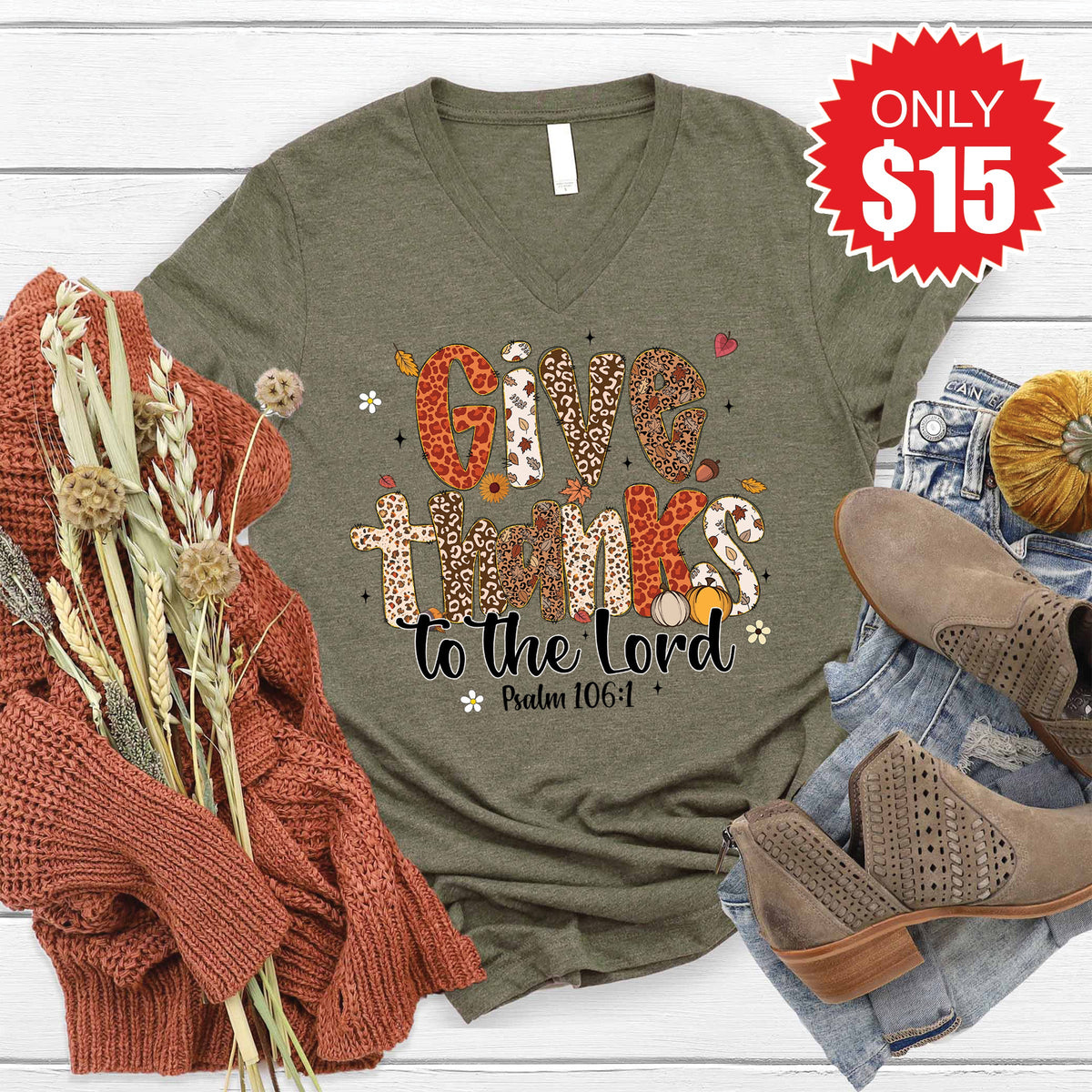 Give Thanks V-Neck - Heather Olive - 15