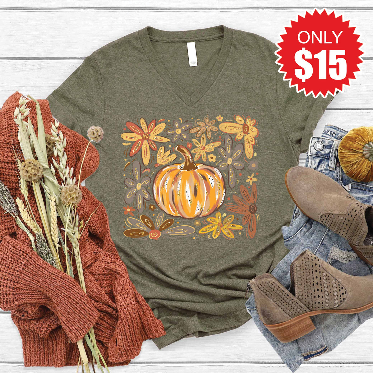 Pumpkin V-Neck - Heather Olive - 15