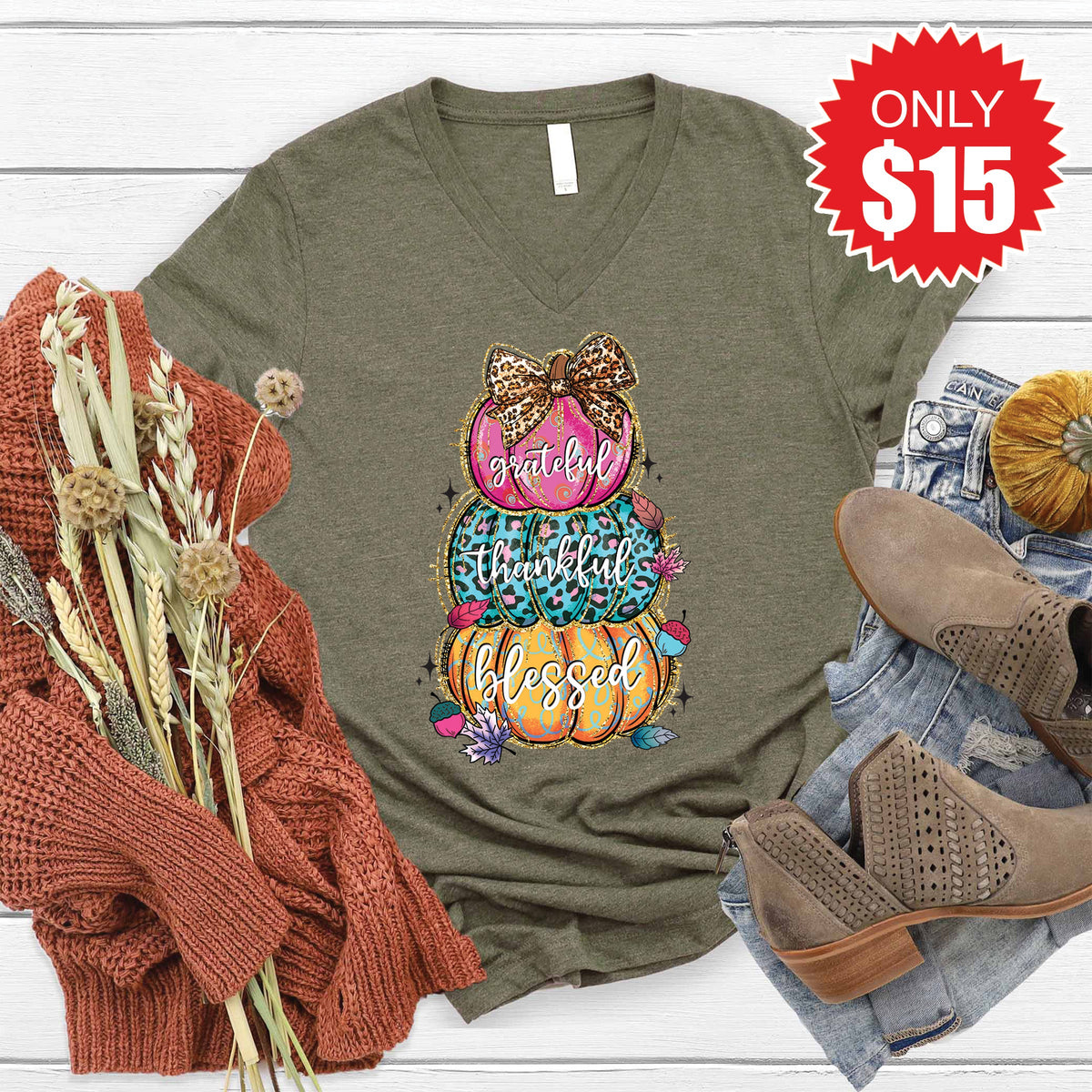 Grateful Thankful Blessed V-Neck - Heather Olive - 15