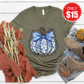 Blue Floral Pumpkin V-Neck - Heather Olive - 15