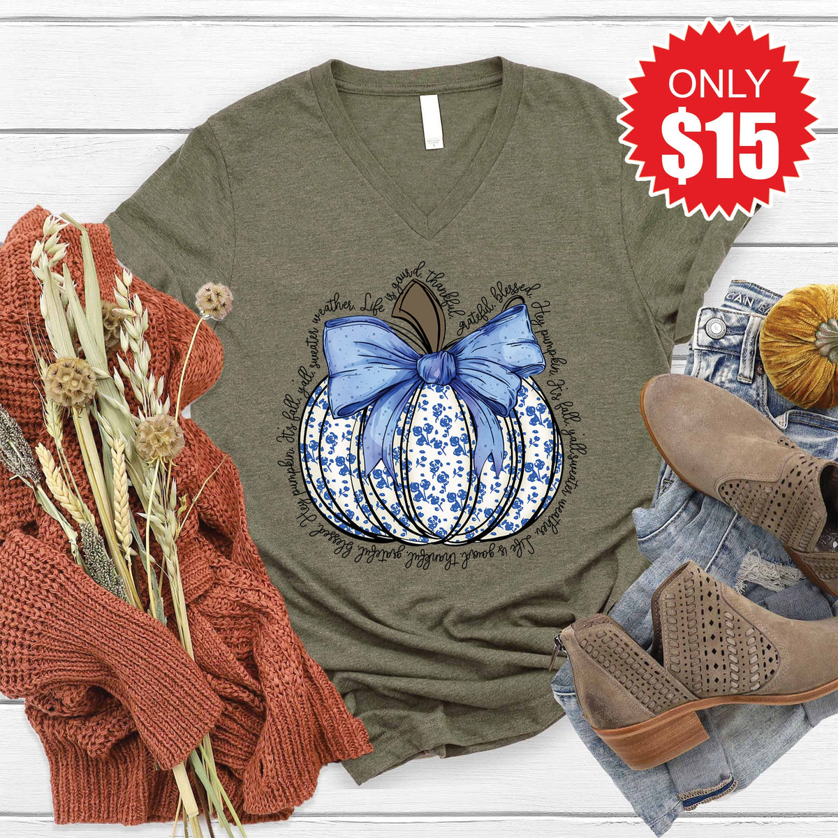 Blue Floral Pumpkin V-Neck - Heather Olive - 15