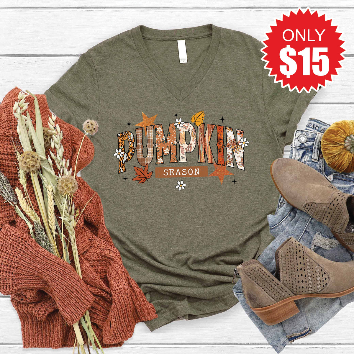 Pumpkin Season V-Neck - Heather Olive - 15
