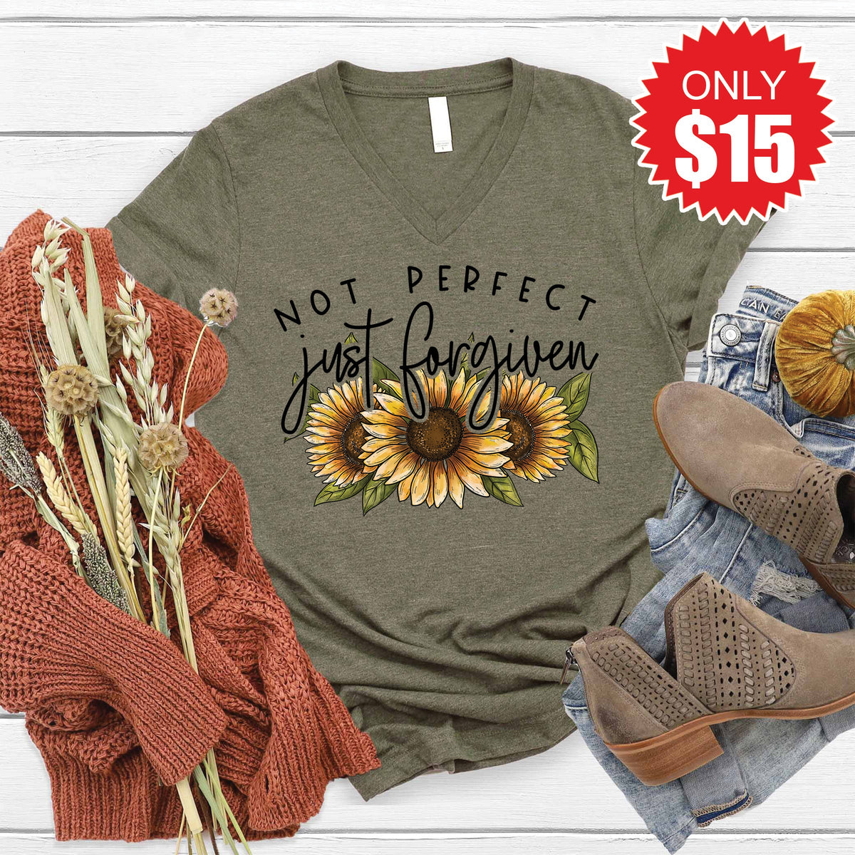 Not Perfect Just Forgiven V-Neck - Heather Olive - 15