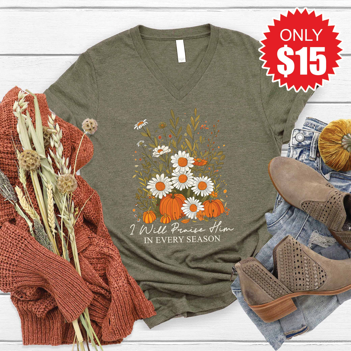 I Will Praise You V-Neck - Heather Olive - 15