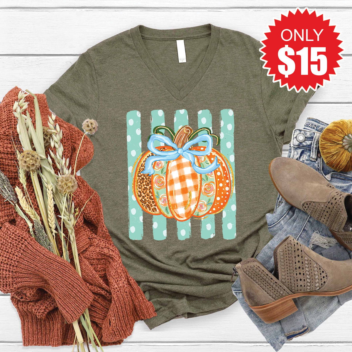 Pumpkin V-Neck - Heather Olive - 15