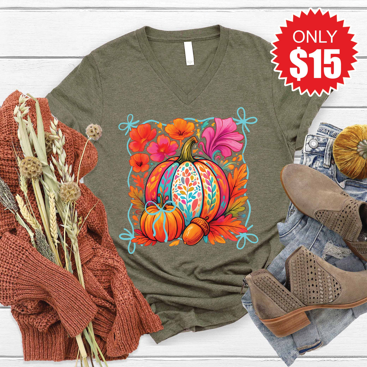Pumpkins V-Neck - Heather Olive - 15