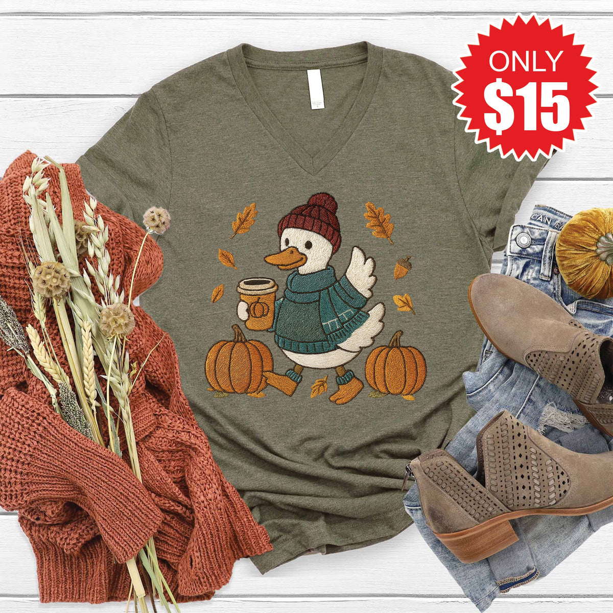 Bruh Its Fall V-Neck - Heather Olive - 15