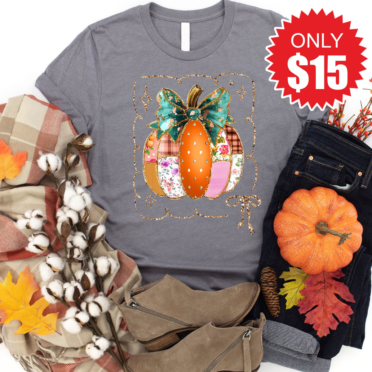 Patchwork Pumpkin Tee - Heather Storm - 15 product image 1