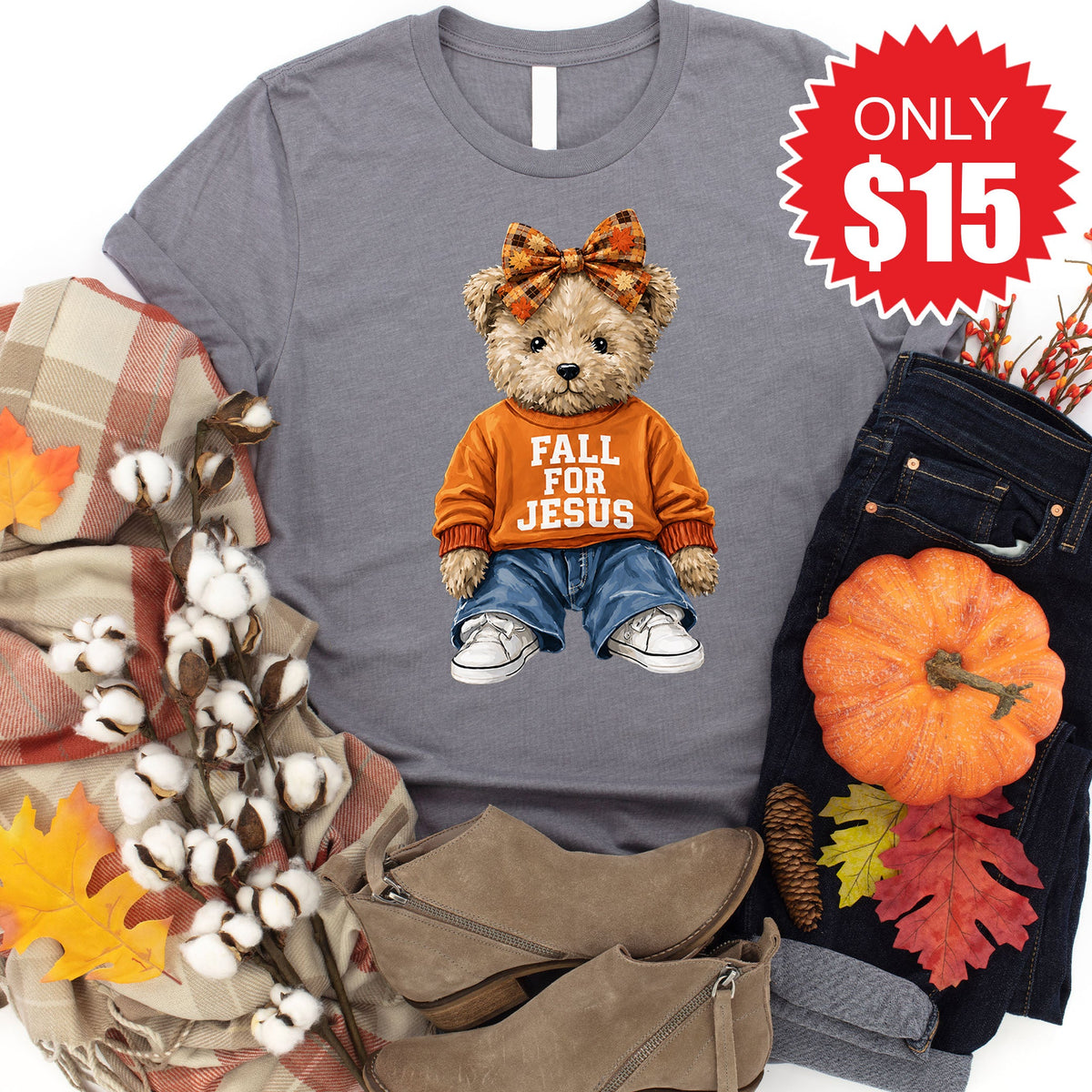 Fall For Jesus Teddy Bear Tee - Heather Storm - 15 product image 1