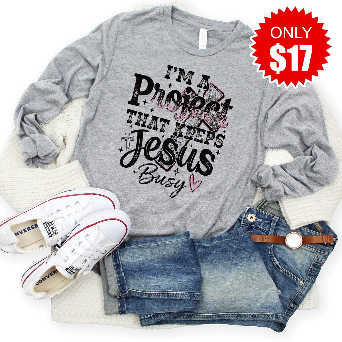 Keeps Jesus Busy Long Sleeve - Heather Grey - 17 product image 1