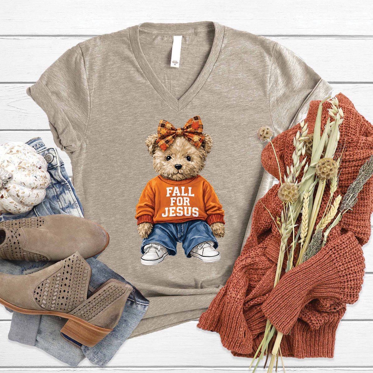 Fall For Jesus Teddy Bear V-Neck product image 1
